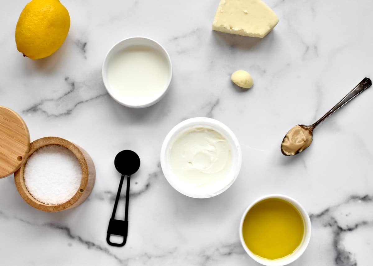 Ingredients for caesar dressing, including yogurt, milk, olive oil, lemon, garlic, dijon mustard, parmesan cheese, worcestershire sauce and salt. 