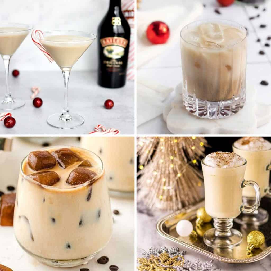 A collage with four christmas cocktails, including a Baileys martini, white russian, Baileys eggnog and coffee cocktail.