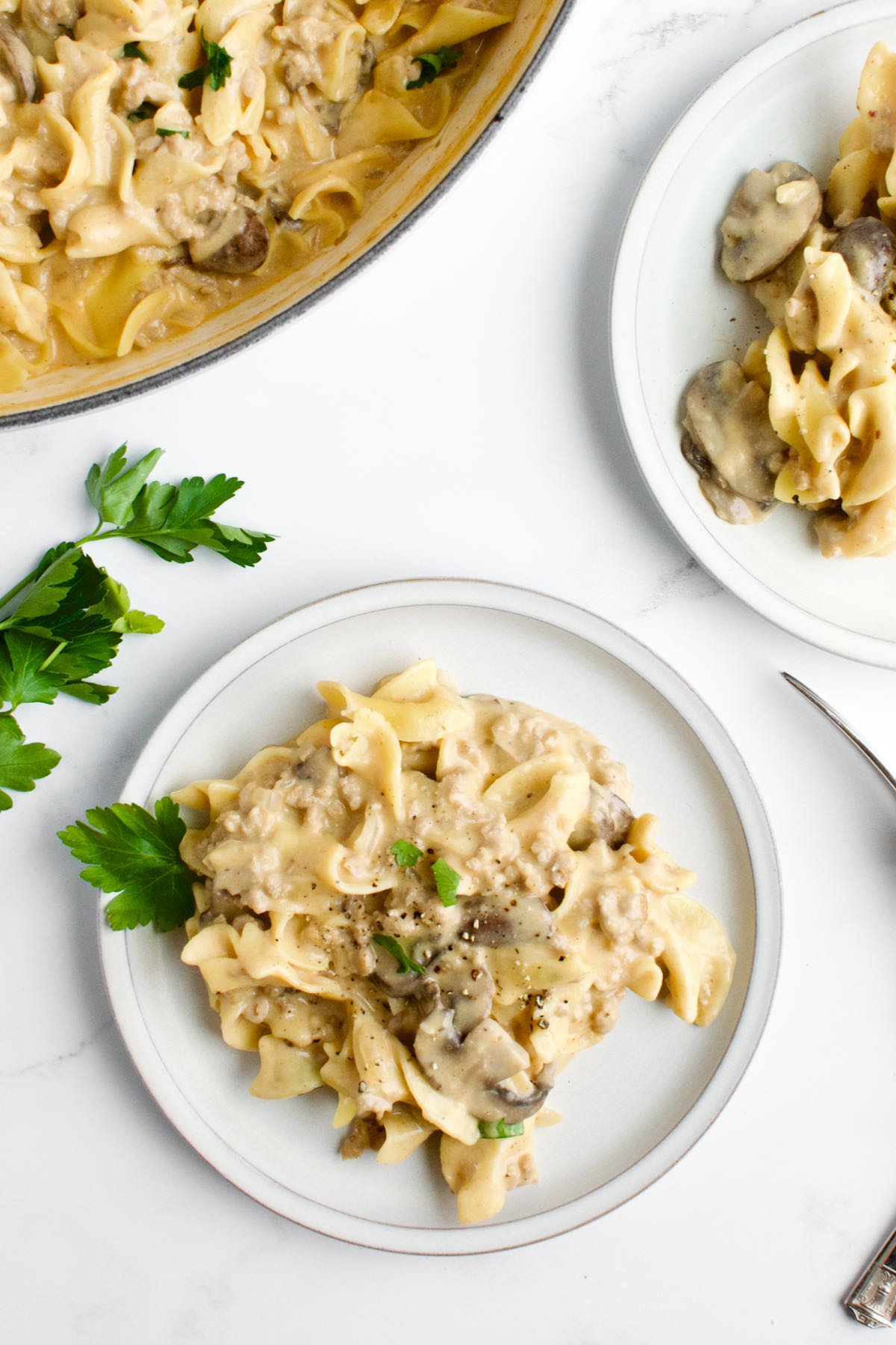 Two plate of ground chicken stroganoff, garnished with parsley, on a marble background.