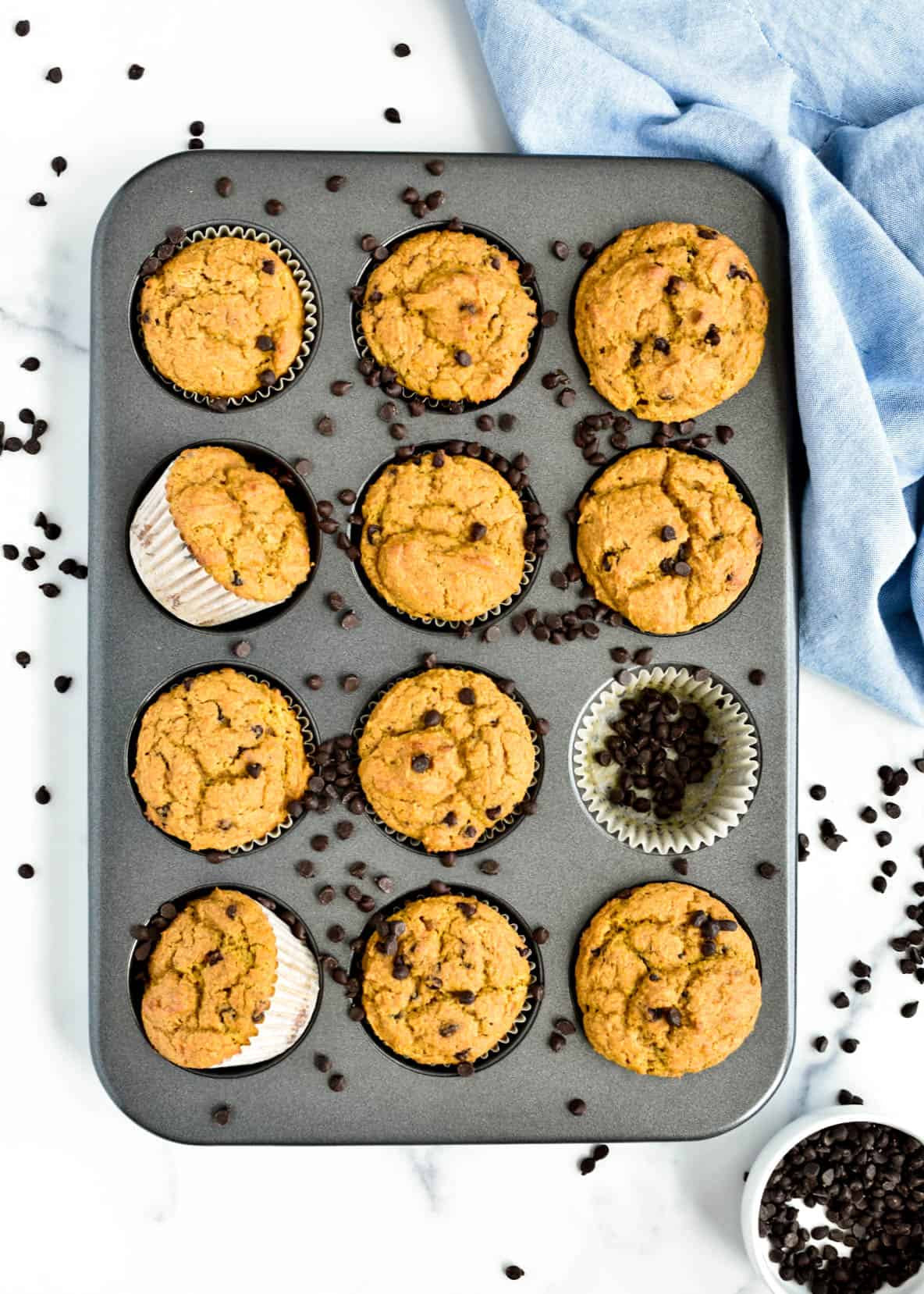 A muffin tin with baked pumpkin muffins scattered with chocolate chips with a bowl of chocolate chips on the side.