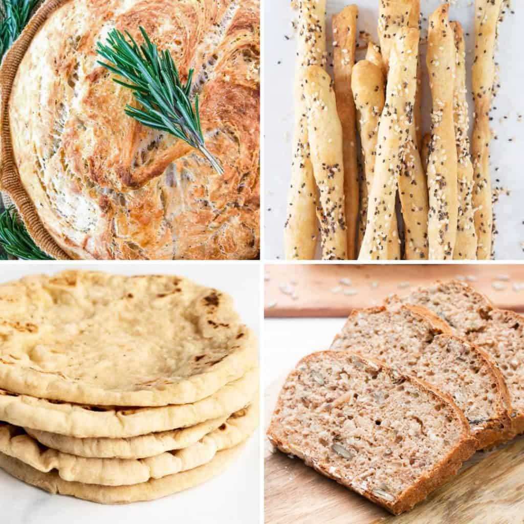 A collage showing four photos of breads for charcuterie. The photos include rosemary bread, Italian bread sticks, spelt bread and pita bread.