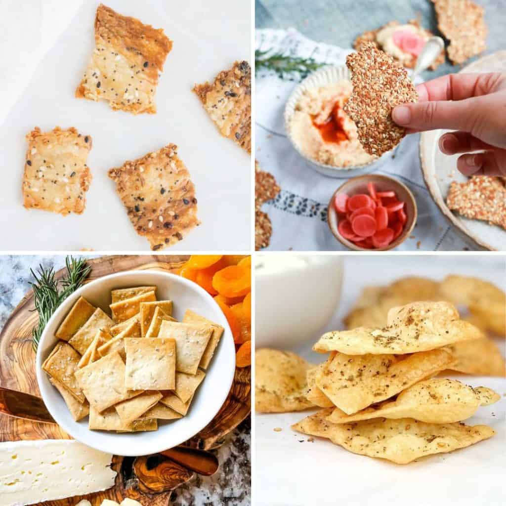 A collage of four photos of crackers for charcuterie. The photos include everything bagel crackers, seed crackers, rosemary crackers and lavash crackers.