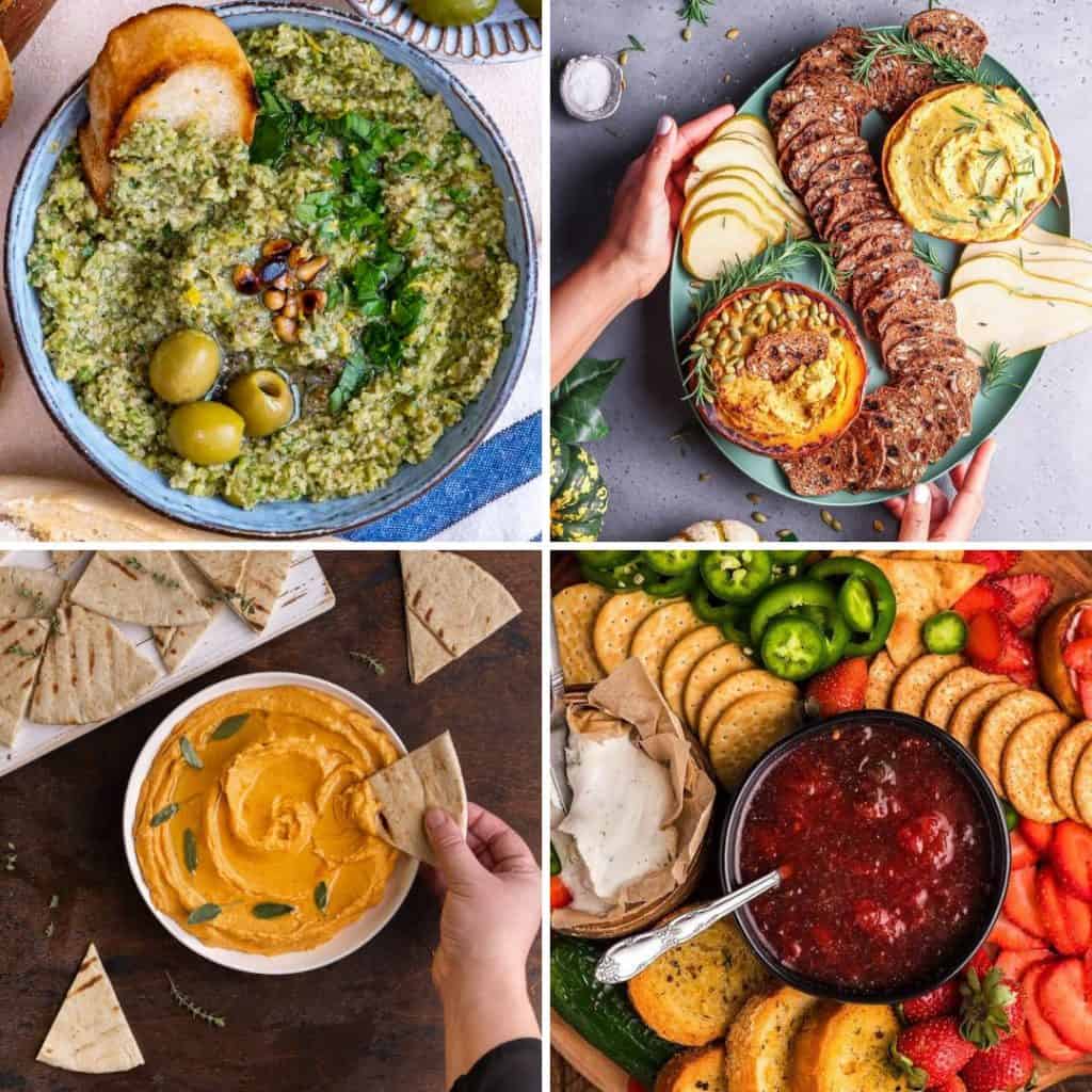 A collage of four photos or dips or spreads for charcuterie. The photos include olive tapenade, pumpkin feta dip, strawberry jalapeno jam and sweet potato hummus.