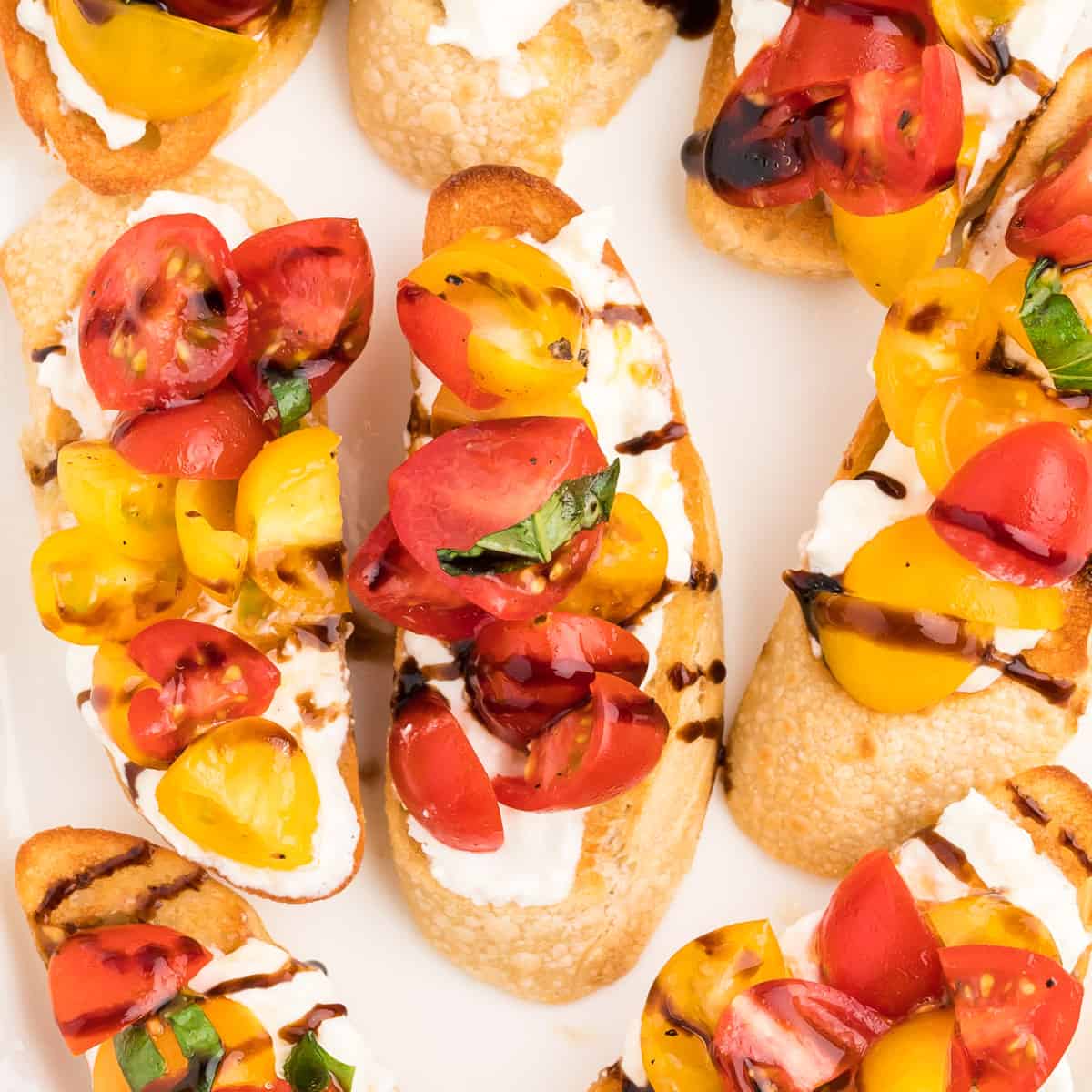 A close up of burrata bruschetta on a white platter.