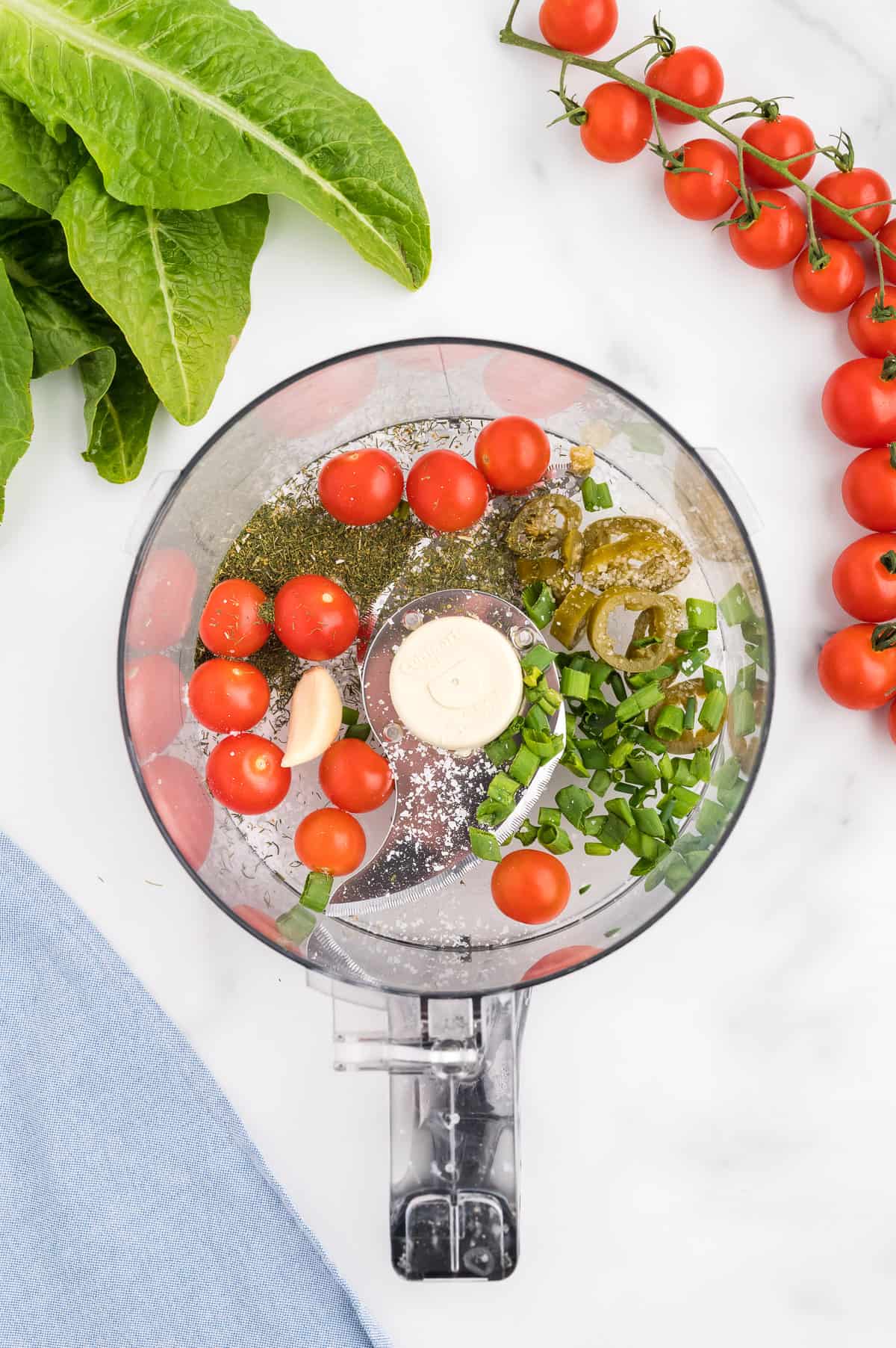 The bowl of a food processor with tomatoes, green onion, jalapeno, garlic and spices.