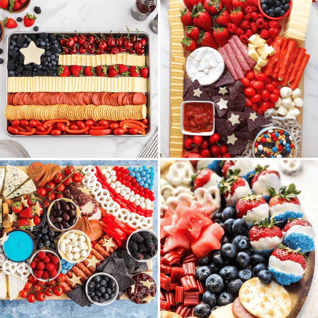 A collage of four patriotic red, white and blue 4th of July charcuterie boards.