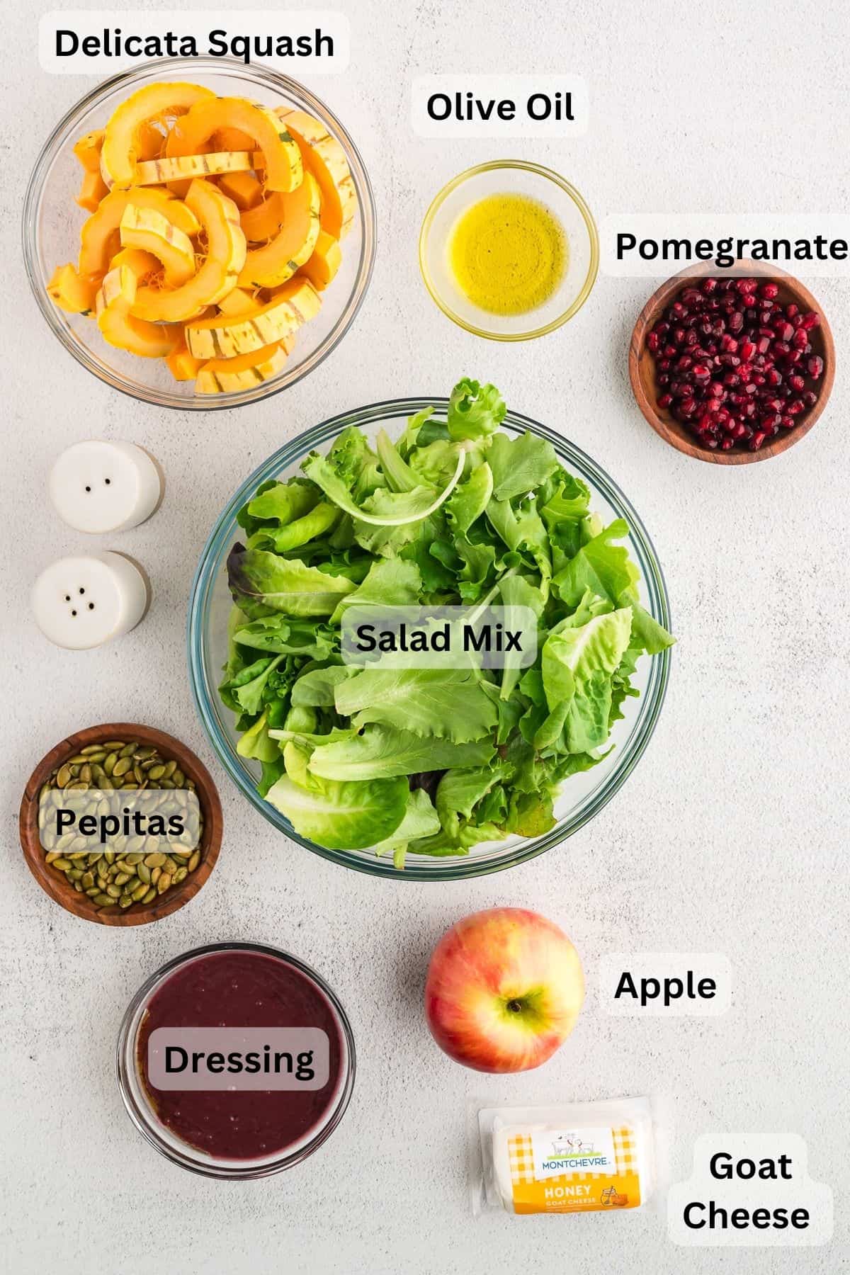 Ingredients for roasted delicata squash salad with text labels.