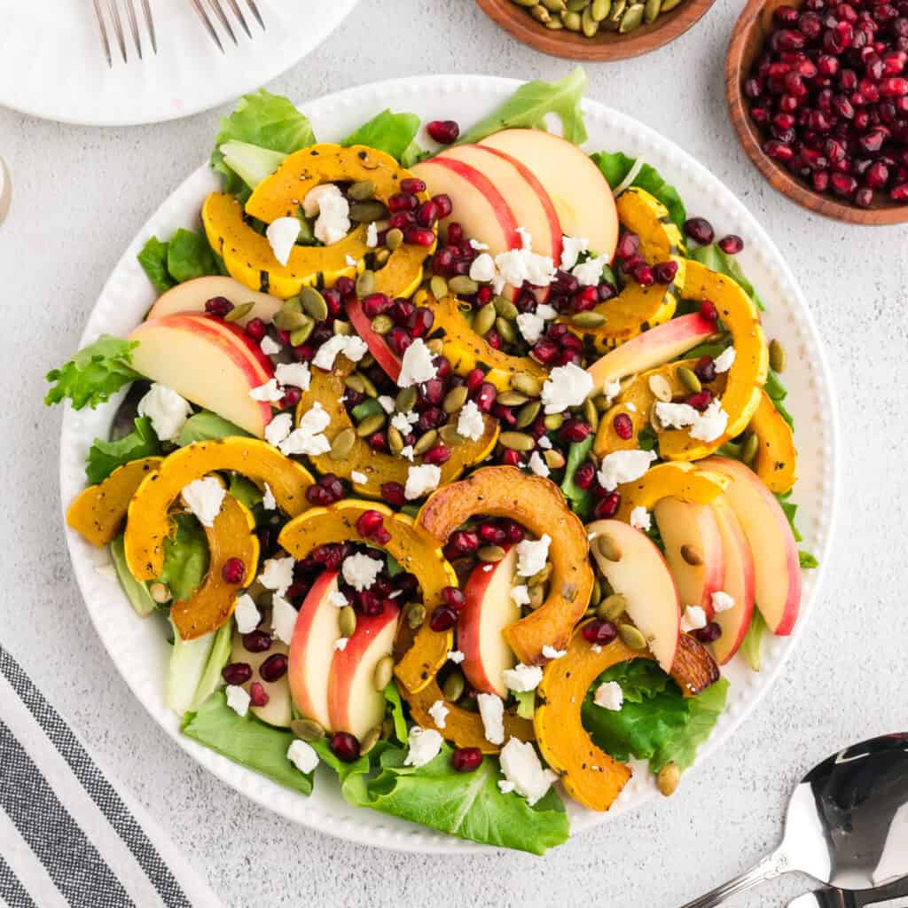 Delicata squash salad on a round plate, with pomegranate arils and pepitas to the side.