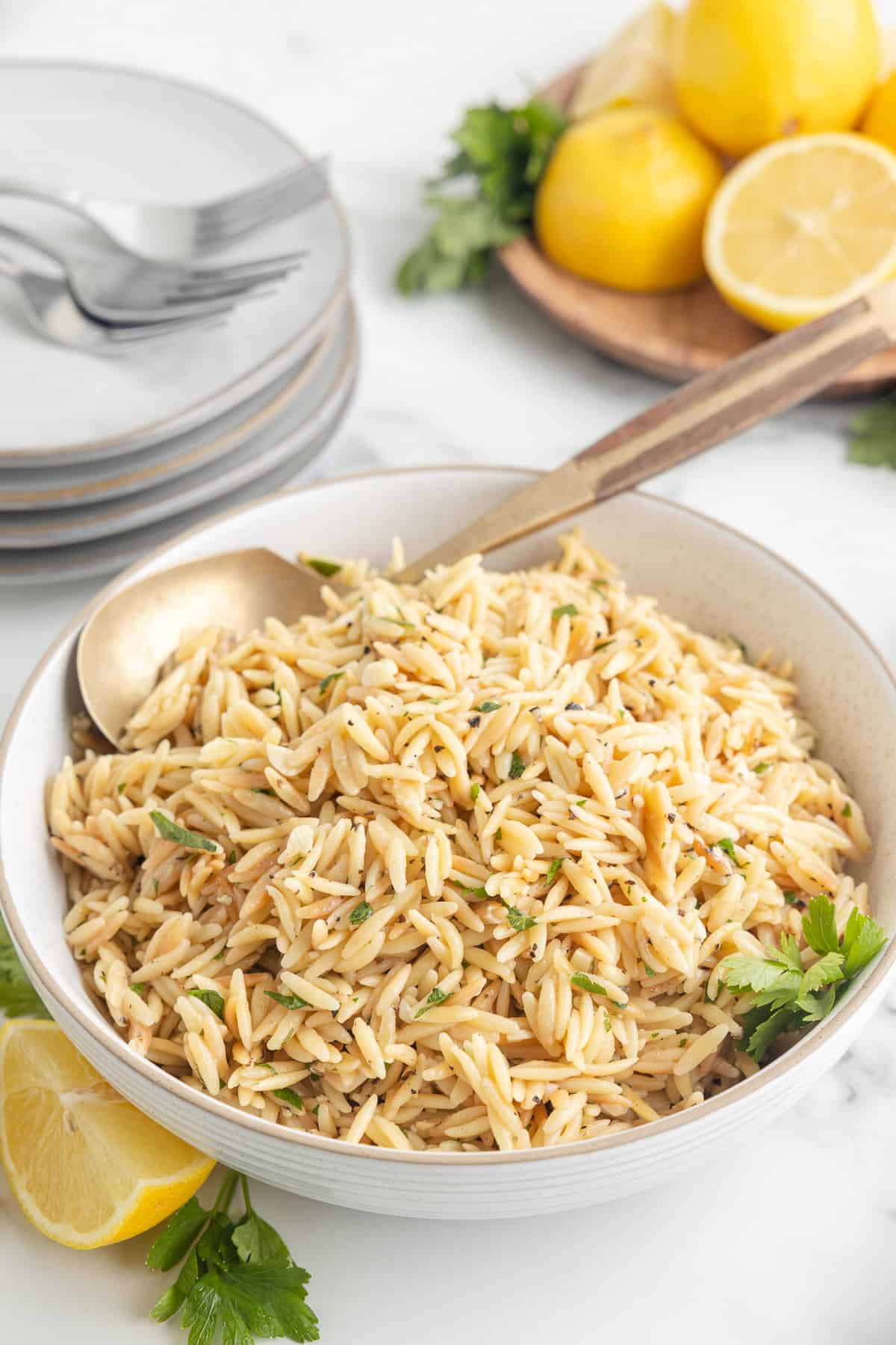 A close up side view of a serving dish of lemon garlic orzo. A spoon rests in the dish, and a quartered lemon and sprig of parsley are in the foreground.